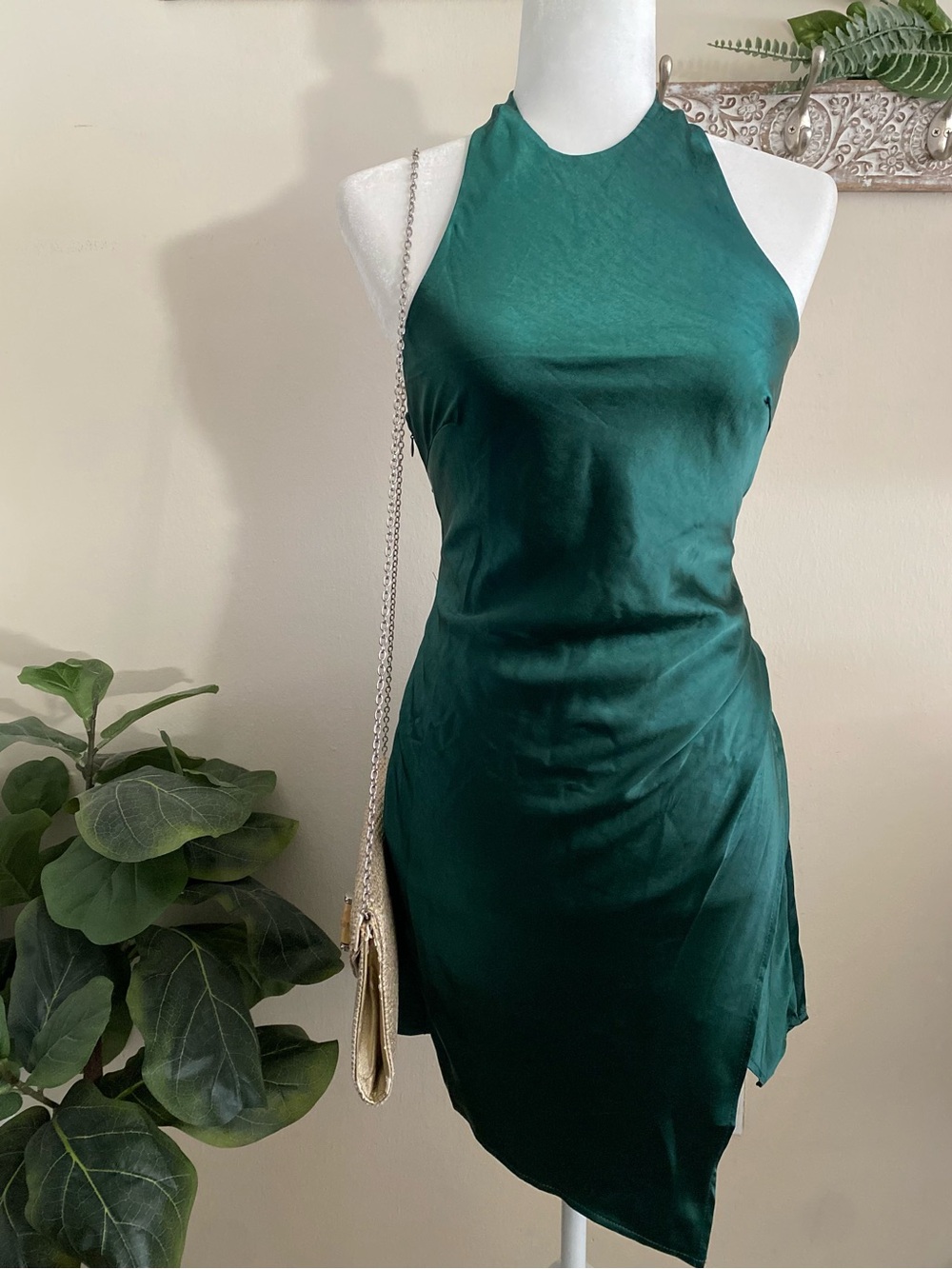 Emerald Halter Mini Dress - Sleek Satin Party Dress